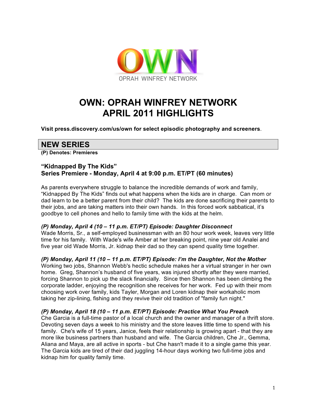 Oprah Winfrey Network April 2011 Highlights