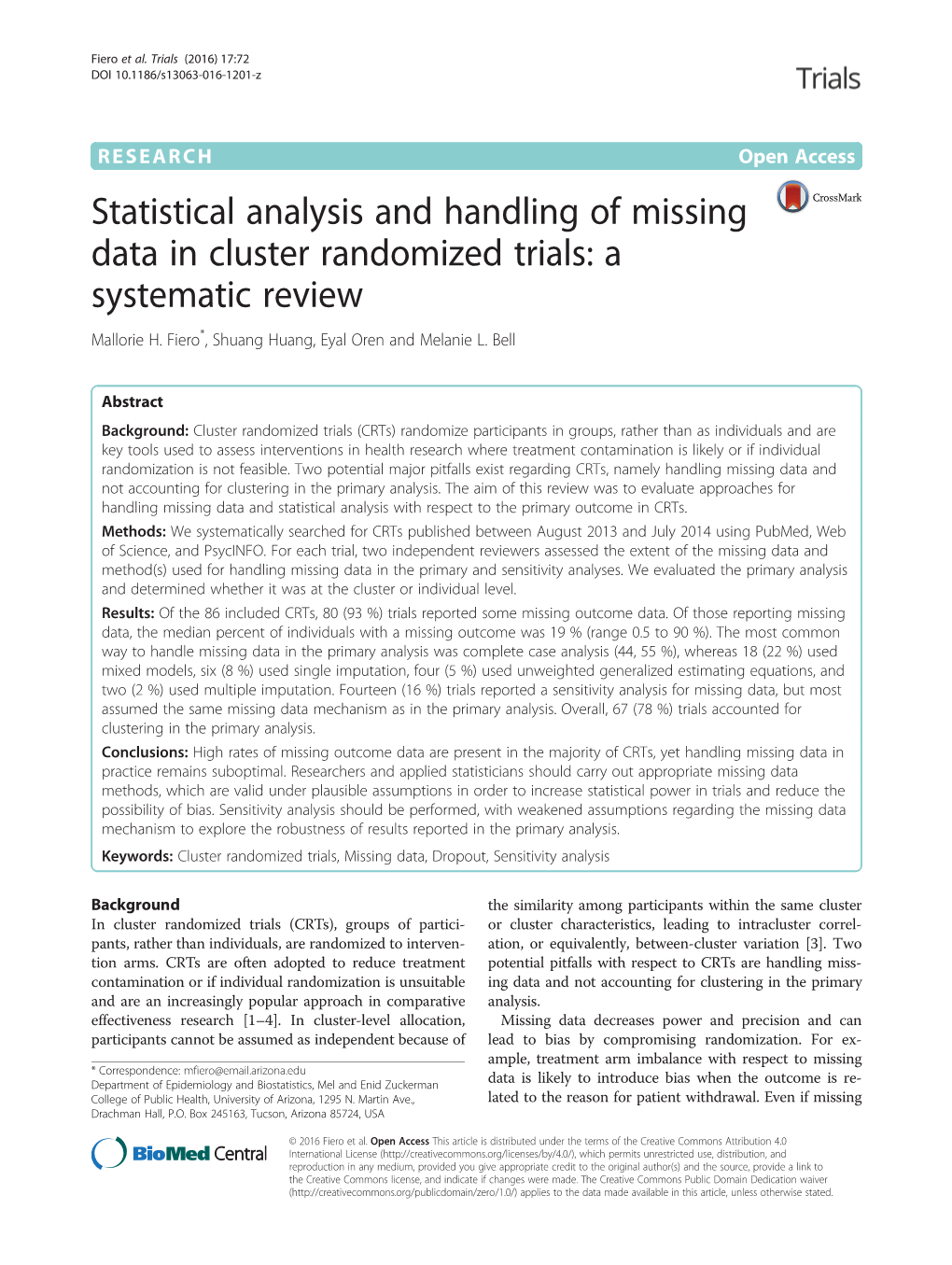 Statistical Analysis and Handling of Missing Data in Cluster Randomized Trials: a Systematic Review Mallorie H