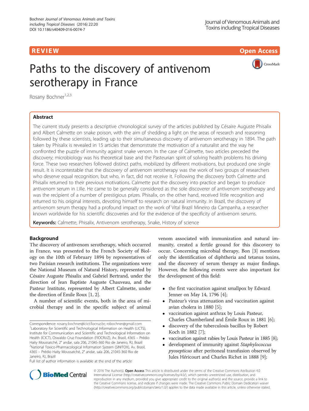 Paths to the Discovery of Antivenom Serotherapy in France Rosany Bochner1,2,3