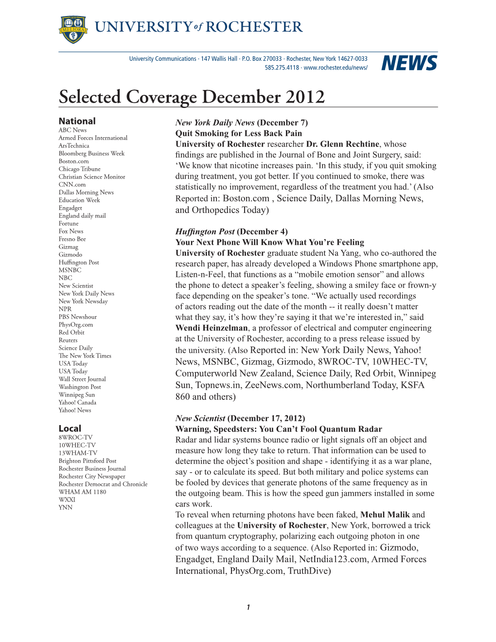 Selected Coverage December 2012