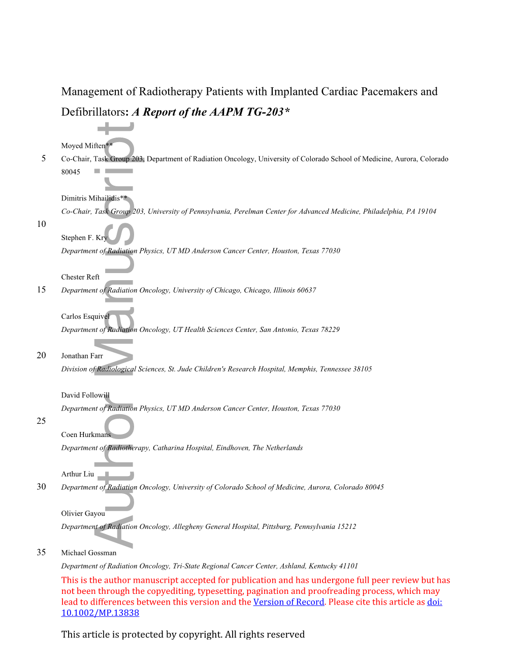 Management of Radiotherapy Patients with Implanted Cardiac Pacemakers and Defibrillators: a Report of the AAPM TG-203*