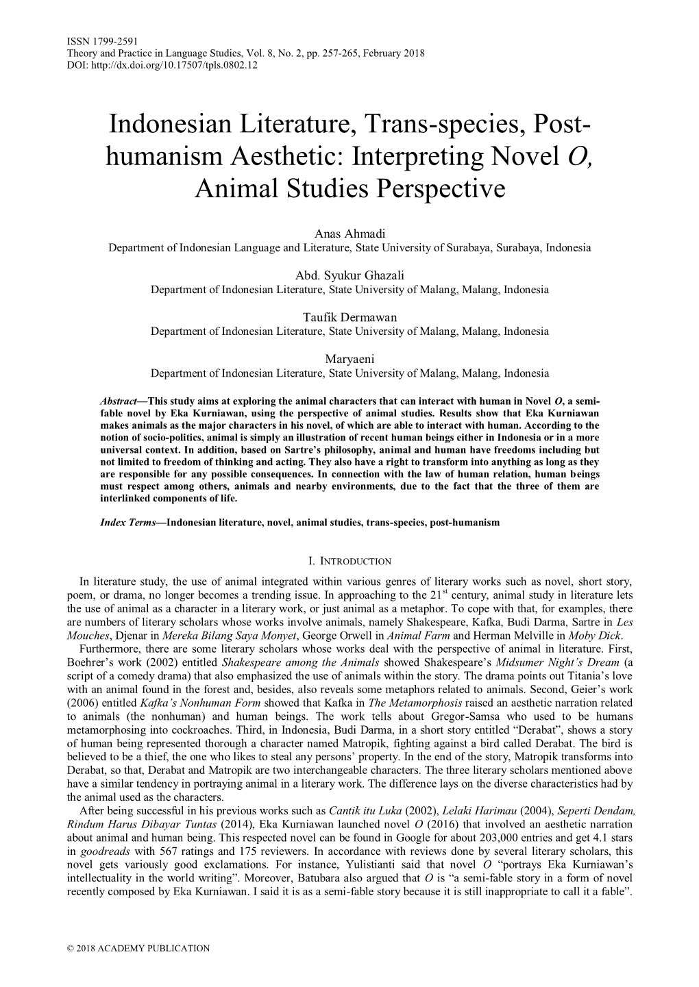 Humanism Aesthetic: Interpreting Novel O, Animal Studies Perspective