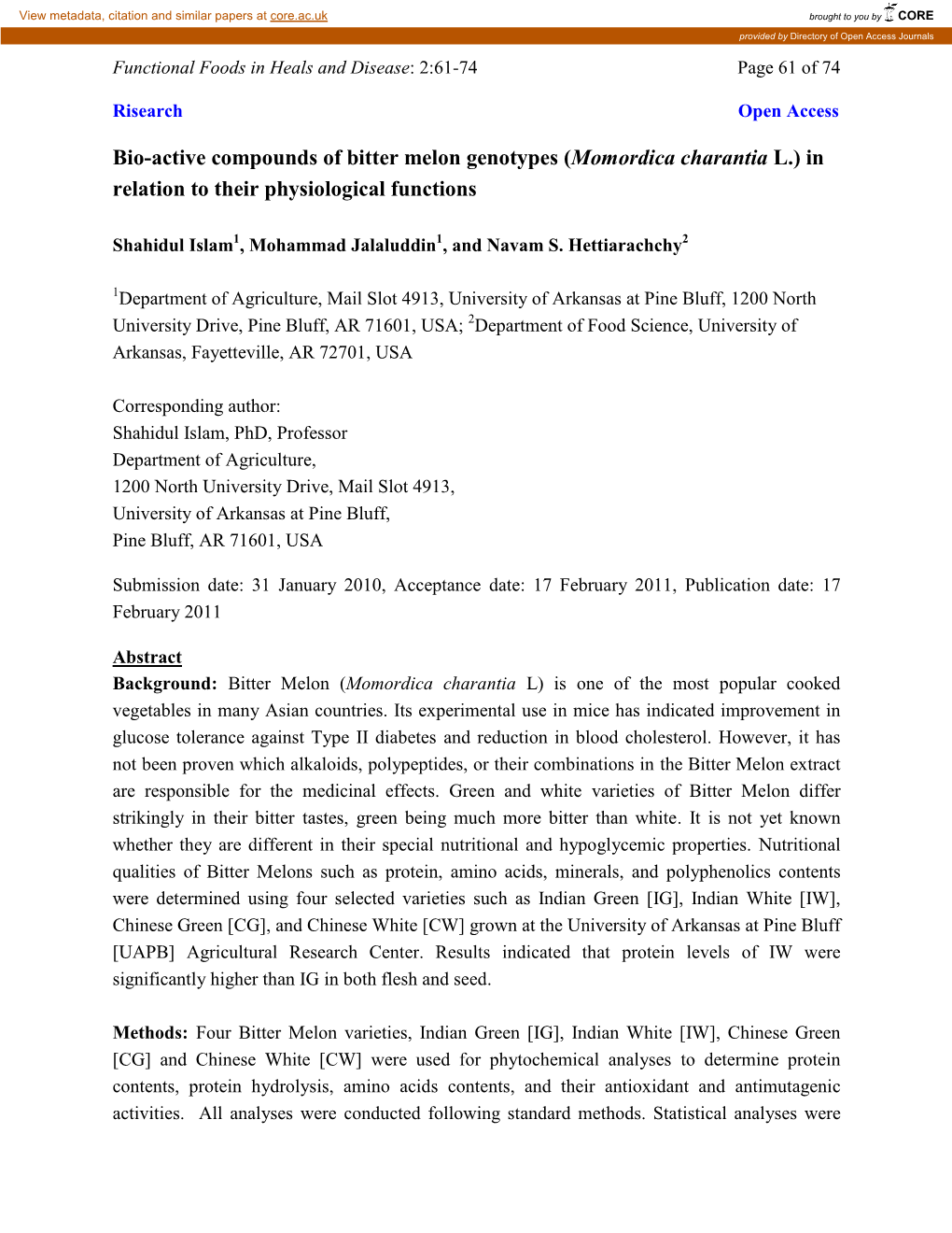 Antimutagenicity and Antioxidant Activity of Bitter Melon Varieties (Momordica Charantia L