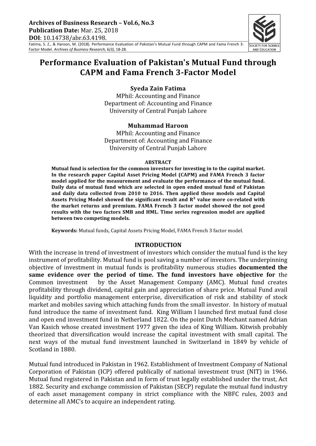 Performance Evaluation of Pakistan's Mutual Fund Through CAPM and Fama French 3-Factor Model