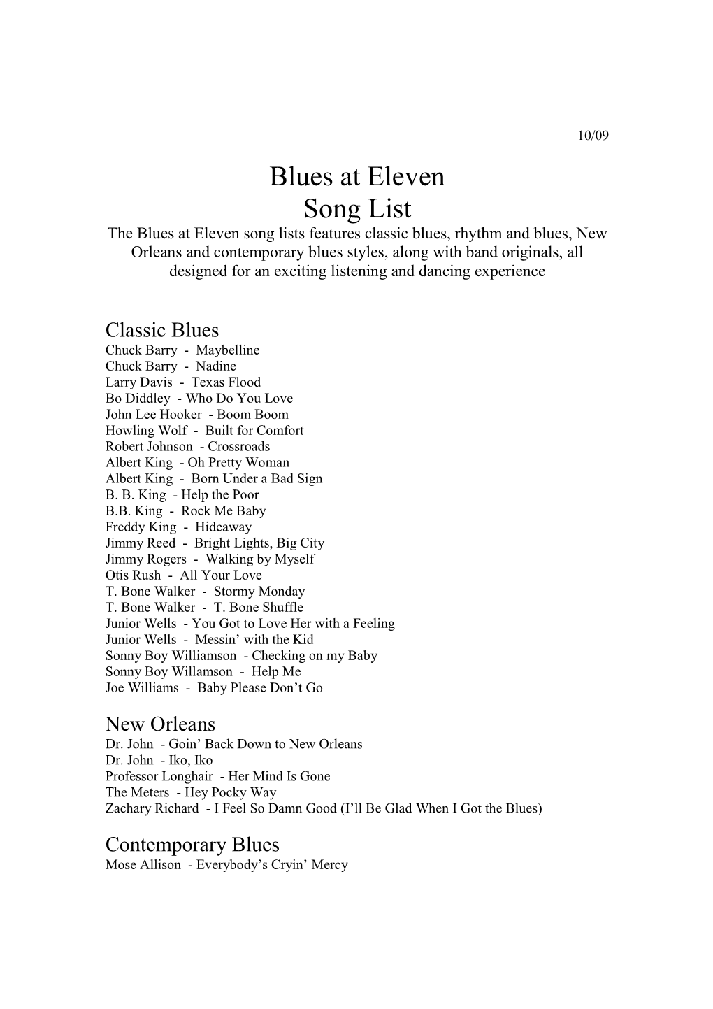 Blues at Eleven Song List