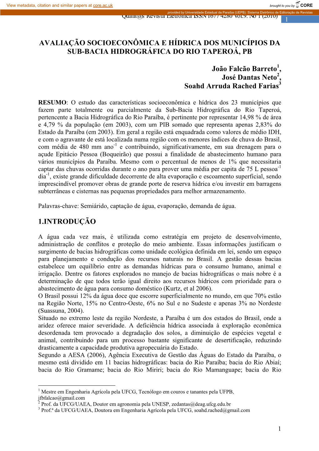 Avaliação Socioeconômica E Hídrica Dos Municípios Da Sub-Bacia Hidrográfica Do Rio Taperoá, Pb