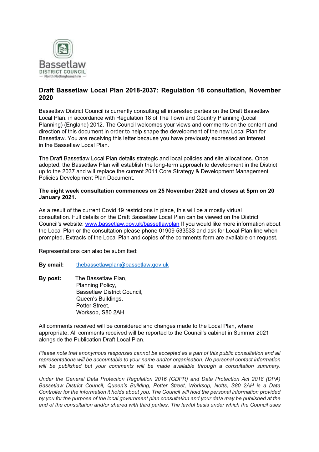 Draft Bassetlaw Local Plan 2018-2037: Regulation 18 Consultation, November 2020