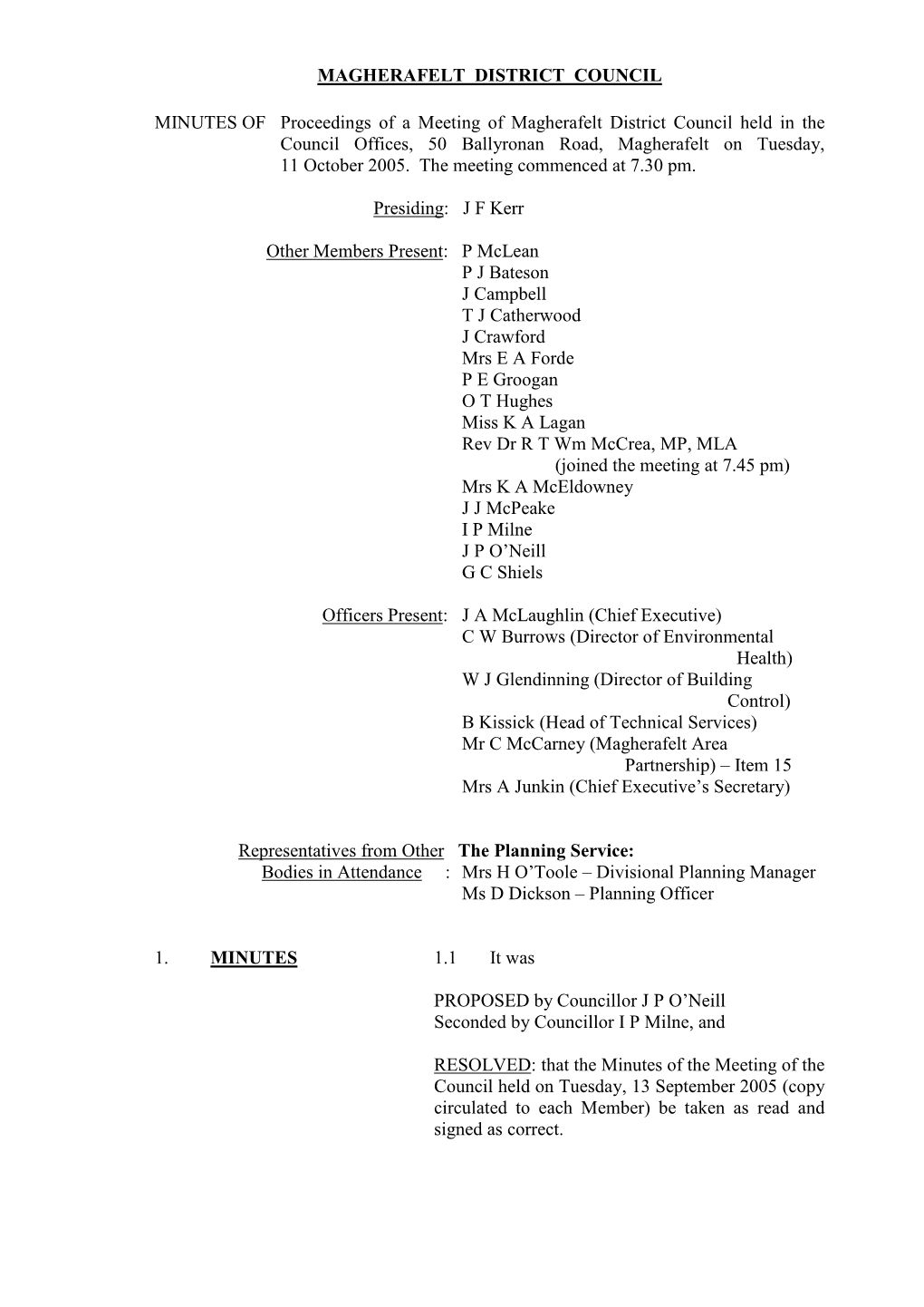 MAGHERAFELT DISTRICT COUNCIL MINUTES of Proceedings of a Meeting of Magherafelt District Council Held in the Council Offices