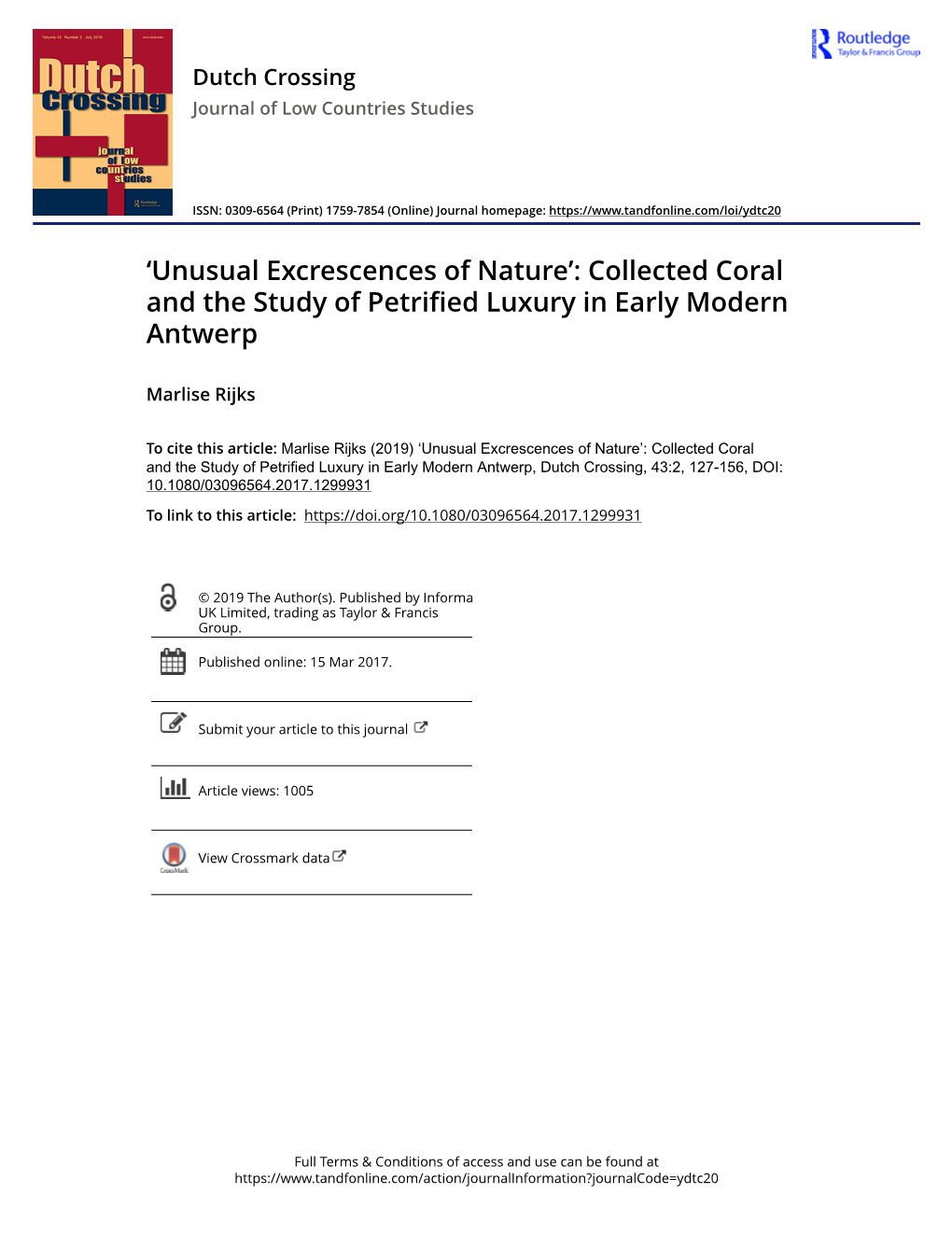 Collected Coral and the Study of Petrified Luxury in Early Modern Antwerp