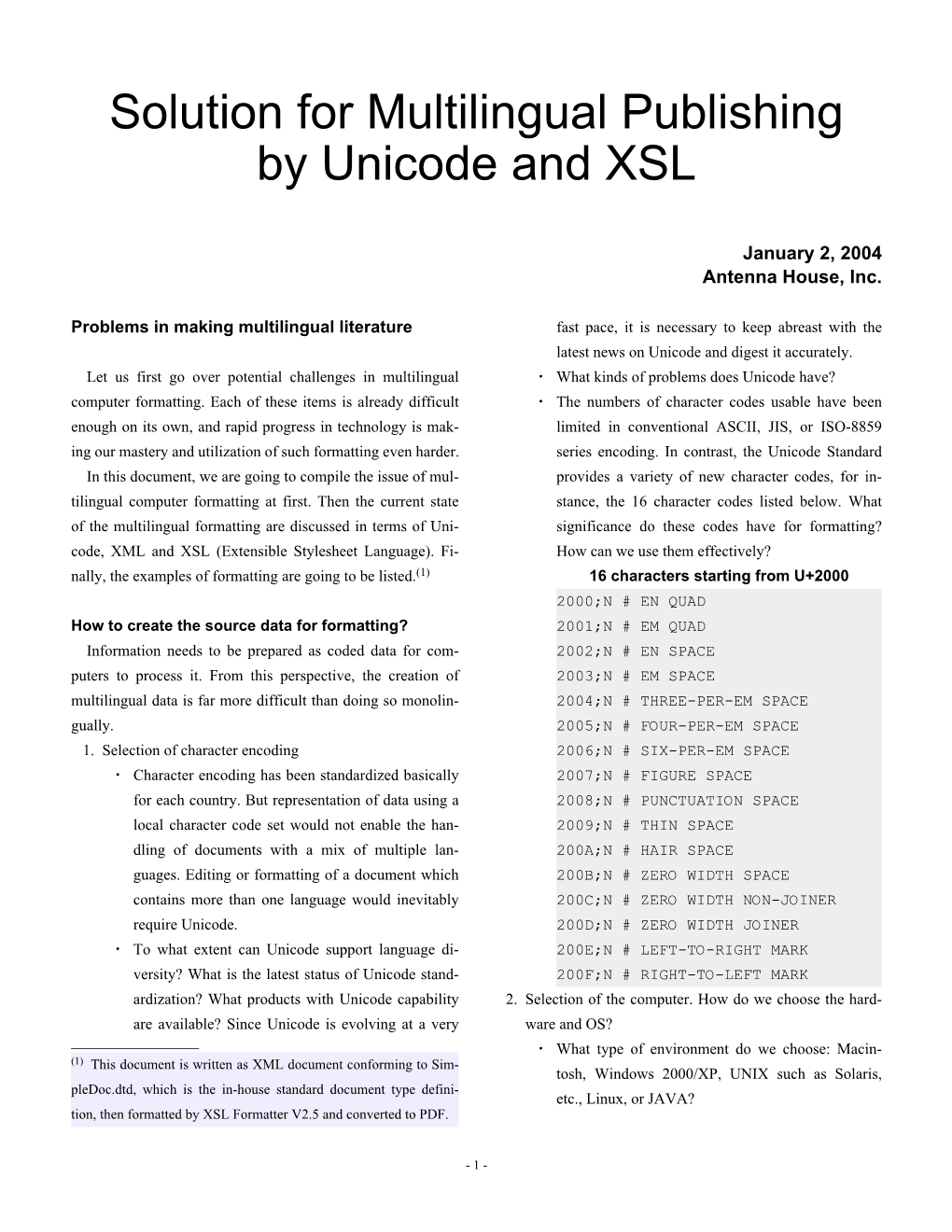 Solution for Multilingual Publishing by Unicode and XSL