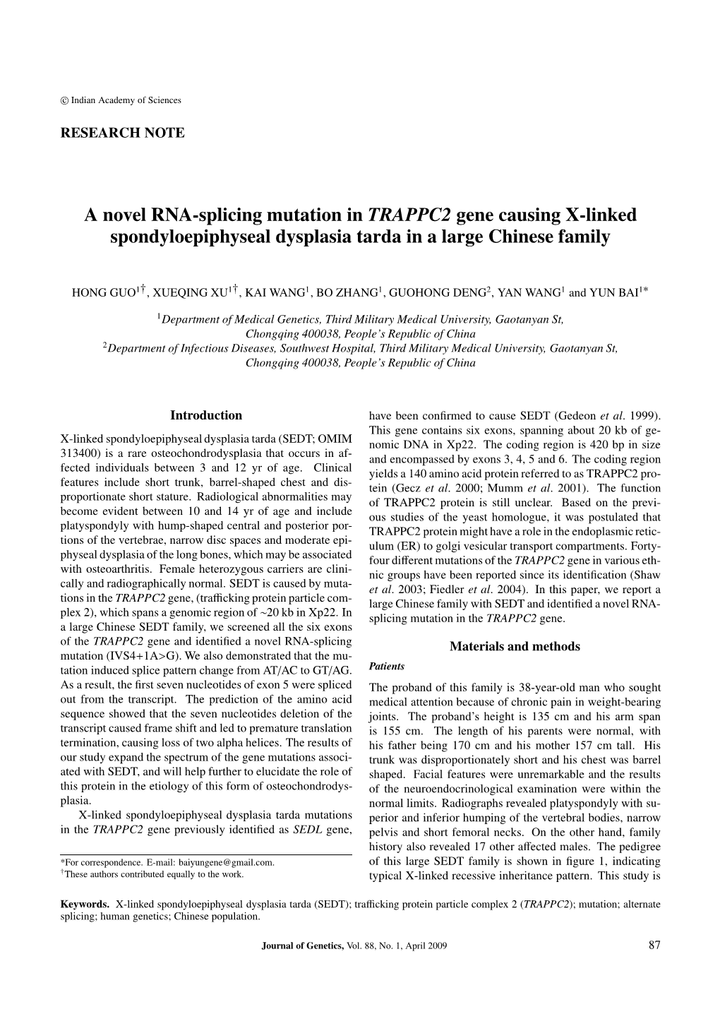 A Novel RNA-Splicing Mutation in TRAPPC2 Gene Causing X-Linked Spondyloepiphyseal Dysplasia Tarda in a Large Chinese Family