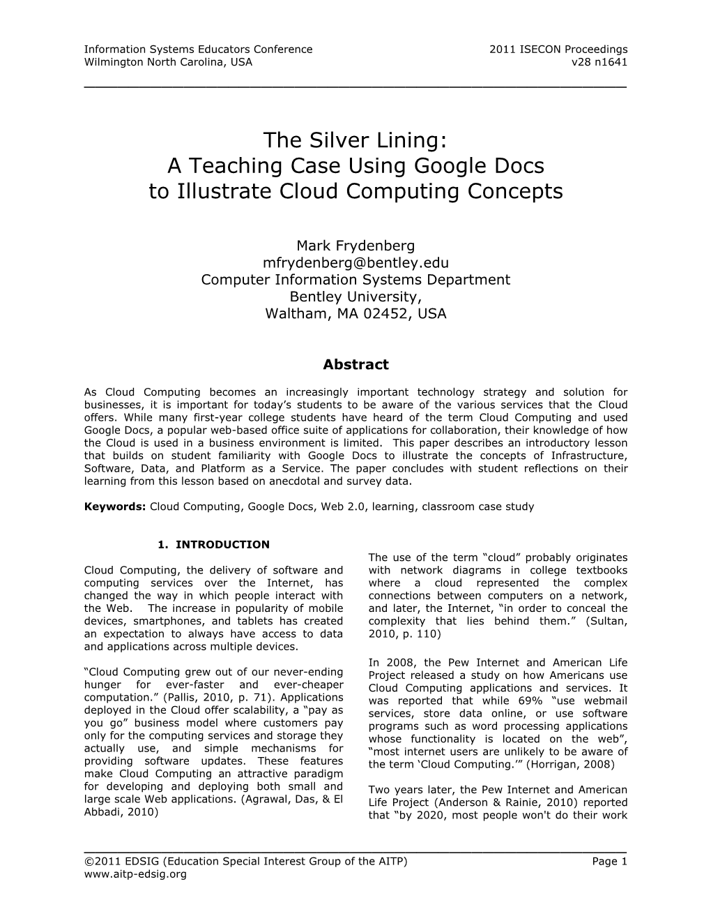 A Teaching Case Using Google Docs to Illustrate Cloud Computing Concepts