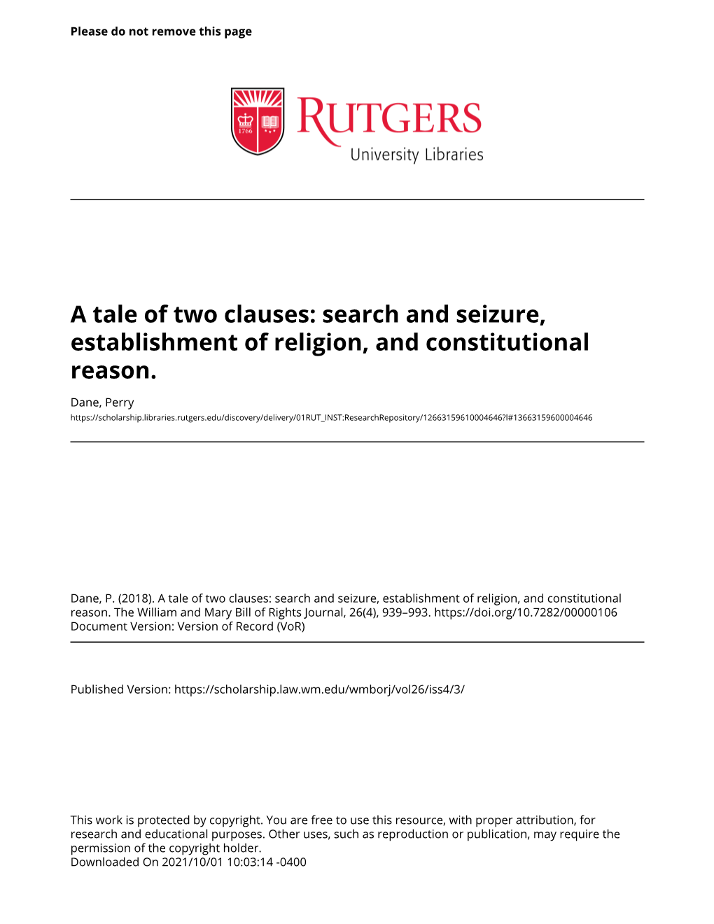 Search and Seizure, Establishment of Religion, and Constitutional Reason
