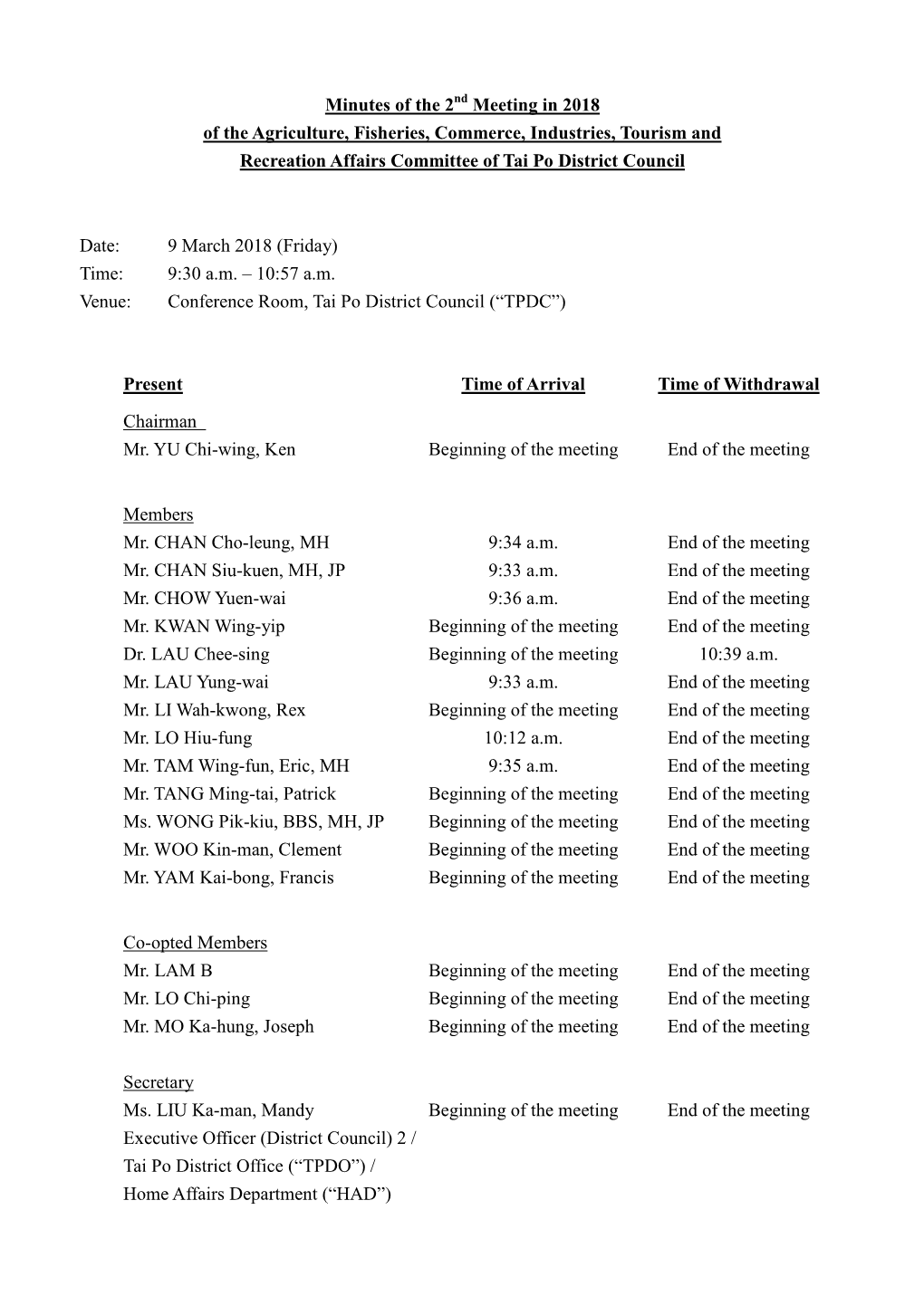 Minutes of the 2 Meeting in 2018 of the Agriculture, Fisheries