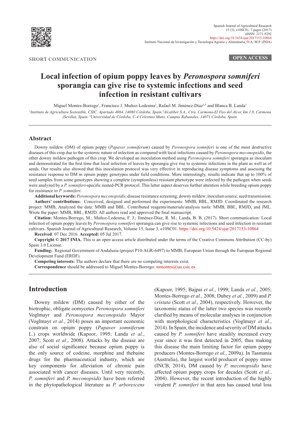 Local Infection of Opium Poppy Leaves by Peronospora Somniferi Sporangia Can Give Rise to Systemic Infections and Seed Infection