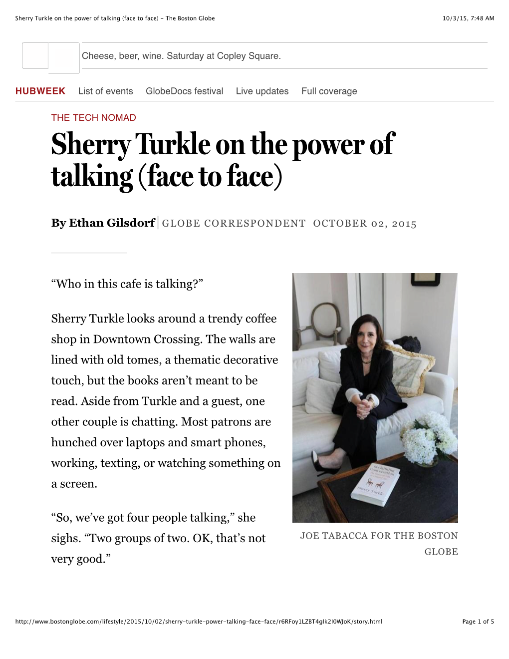Sherry Turkle on the Power of Talking (Face to Face) - the Boston Globe 10/3/15, 7:48 AM