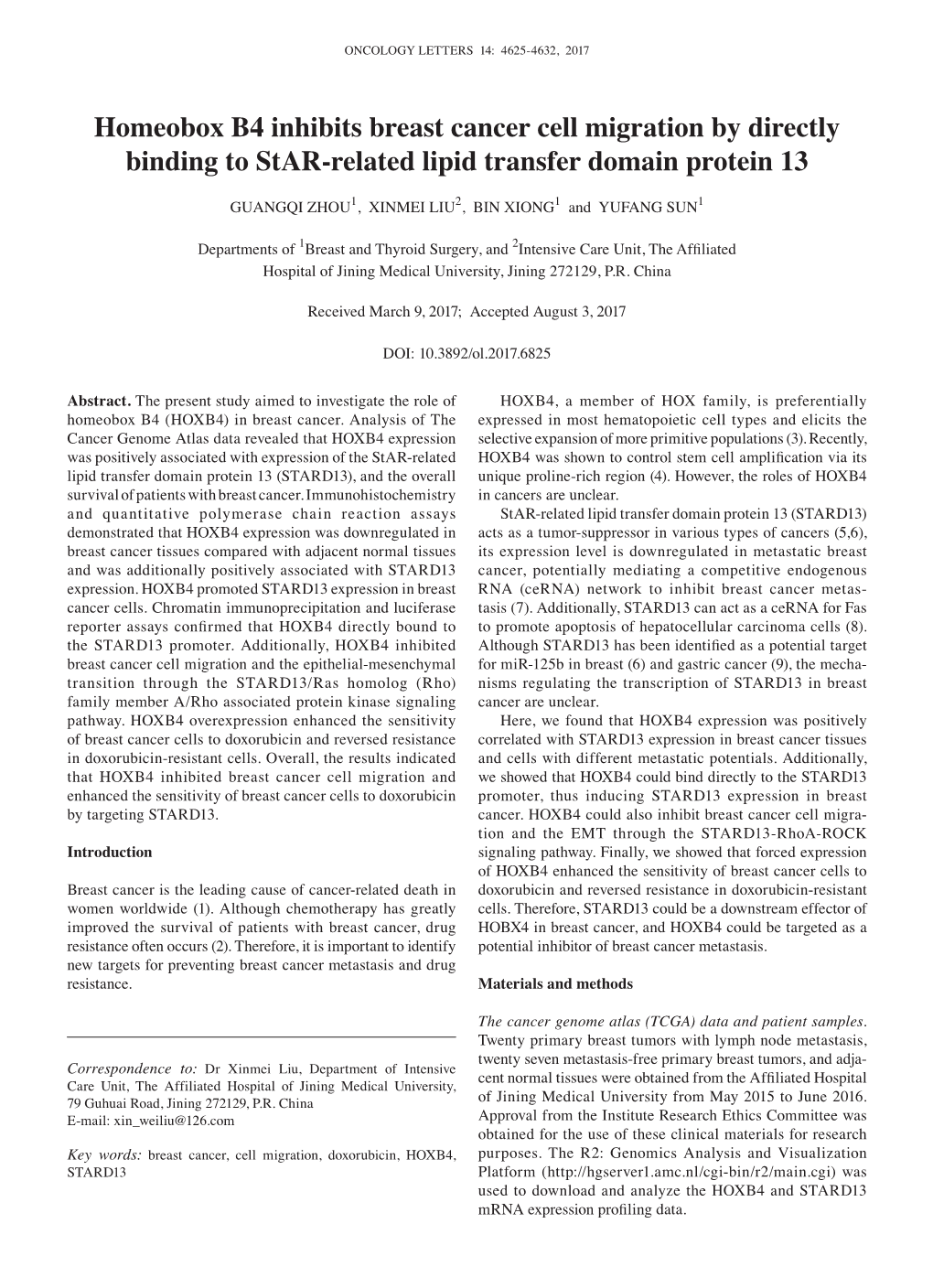 Homeobox B4 Inhibits Breast Cancer Cell Migration by Directly Binding to Star‑Related Lipid Transfer Domain Protein 13