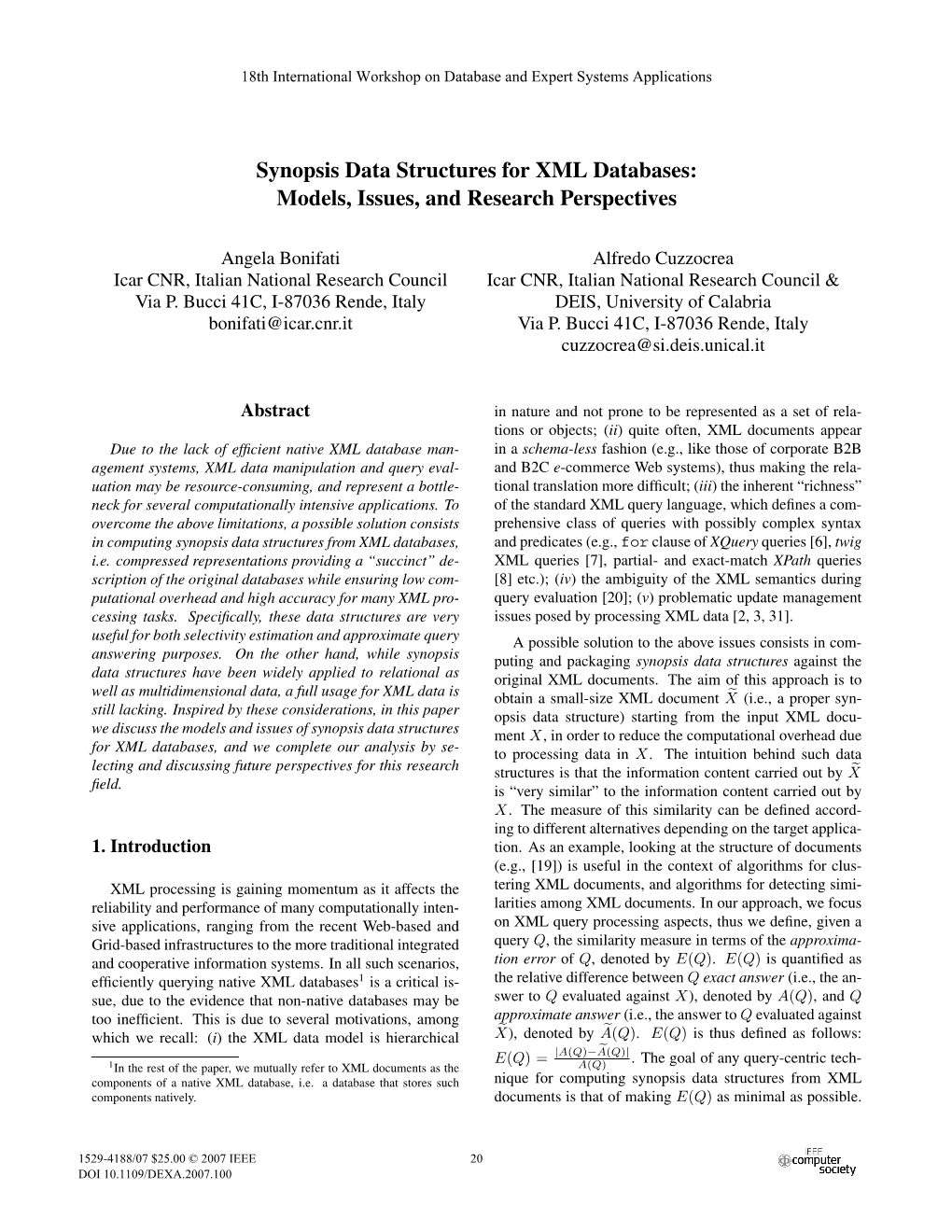 Synopsis Data Structures for XML Databases: Models, Issues, and Research Perspectives