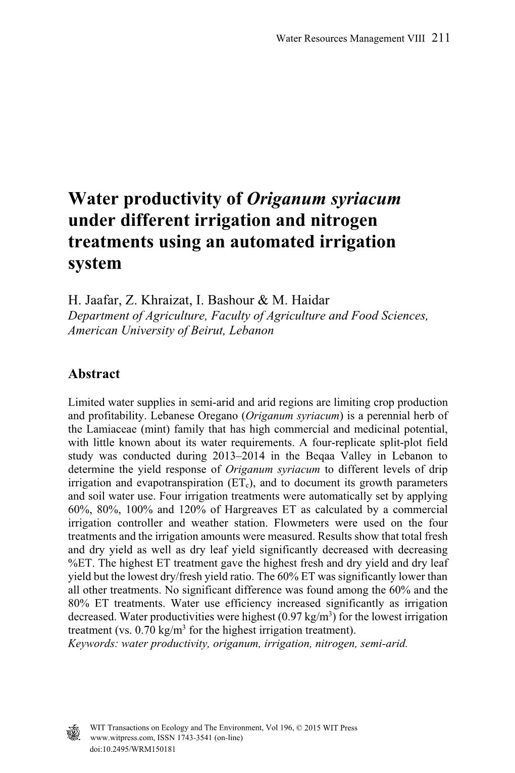 Water Productivity of Origanum Syriacum Under Different Irrigation and Nitrogen Treatments Using an Automated Irrigation System