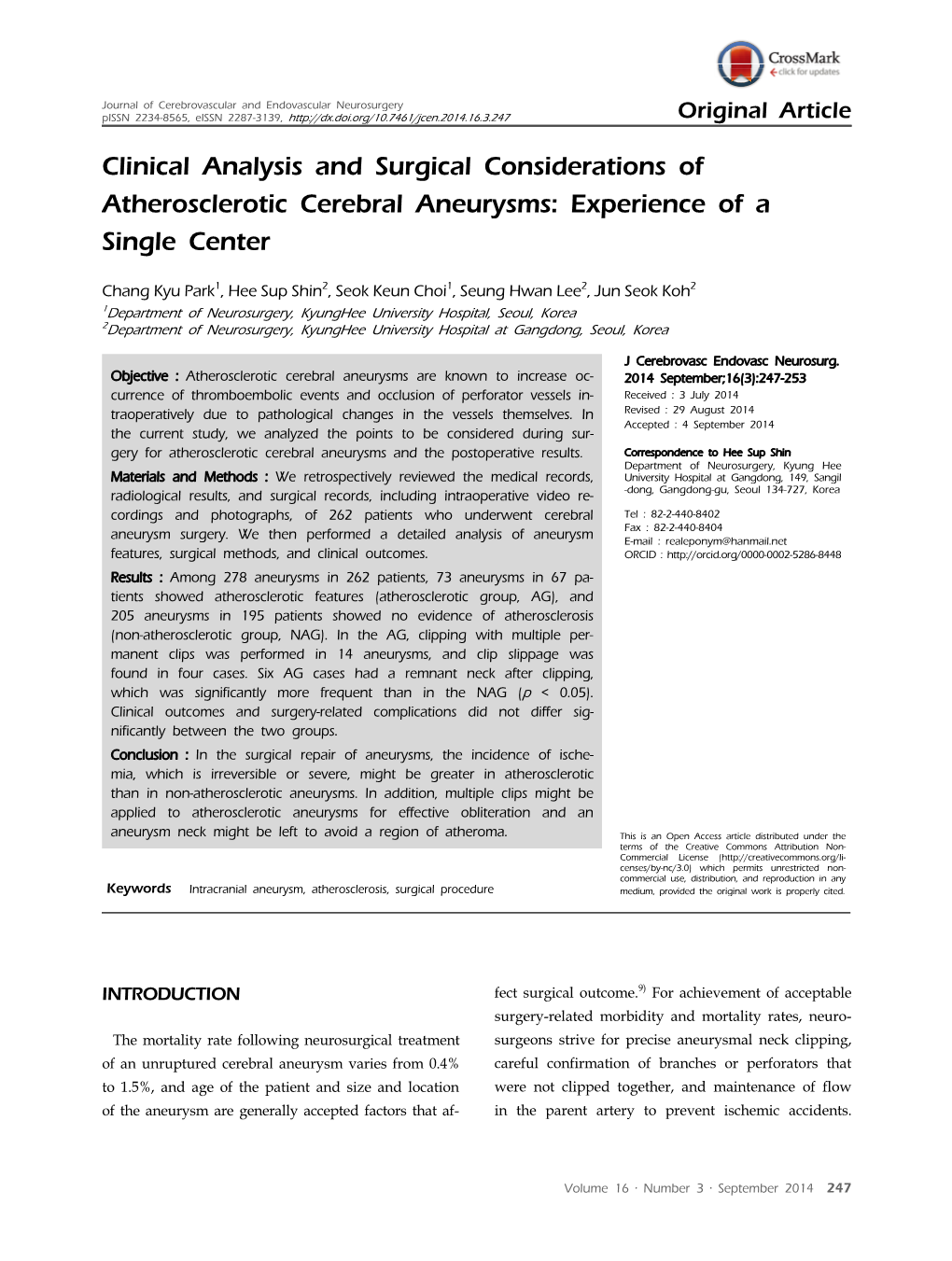 Clinical Analysis and Surgical Considerations of Atherosclerotic Cerebral Aneurysms: Experience of a Single Center