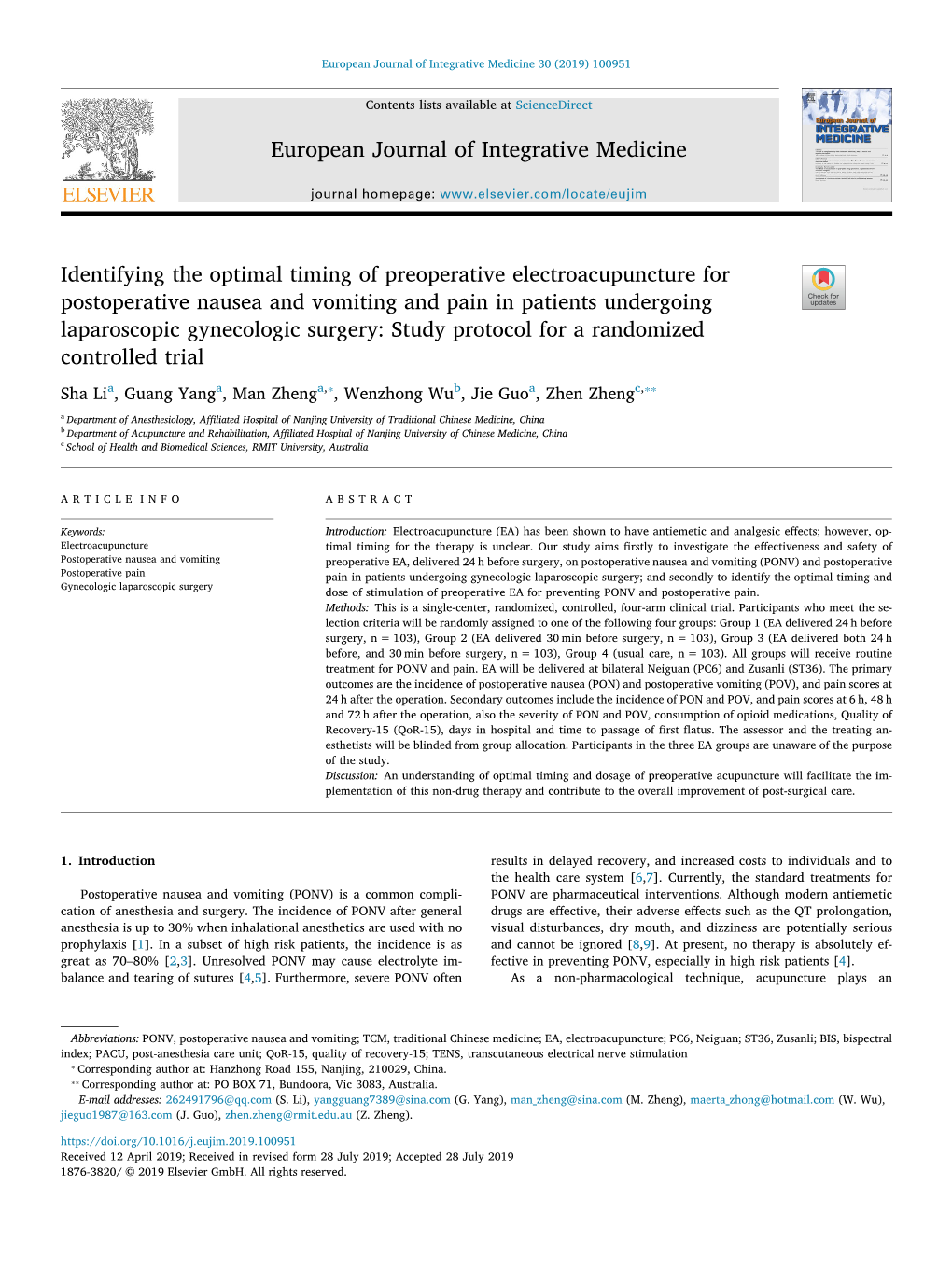 Identifying the Optimal Timing of Preoperative Electroacupuncture For