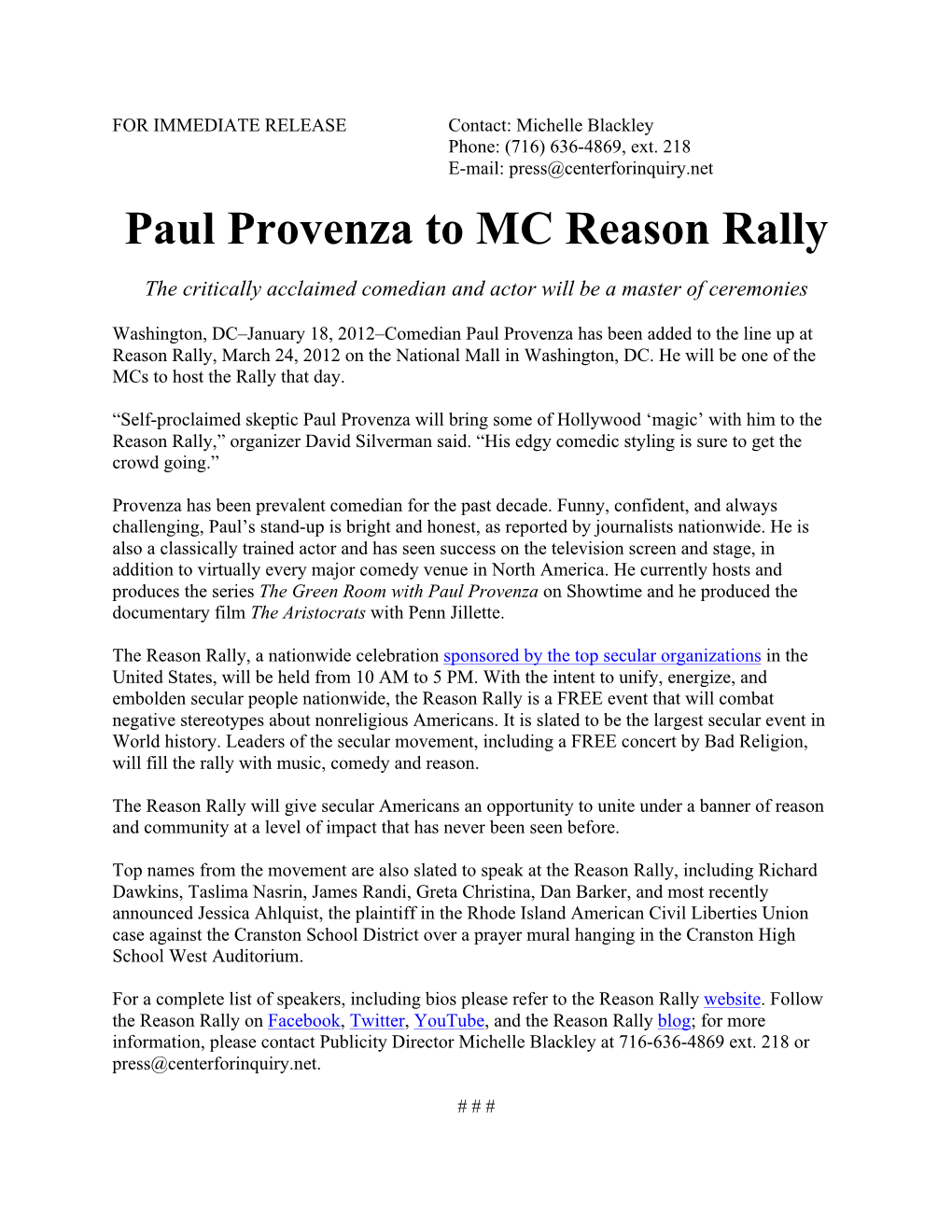 Paul Provenza to MC Reason Rally