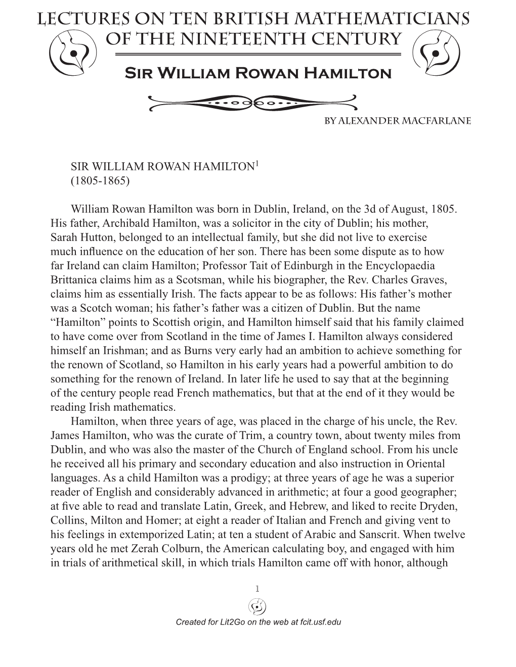 SIR WILLIAM ROWAN HAMILTON1 (1805-1865) William Rowan