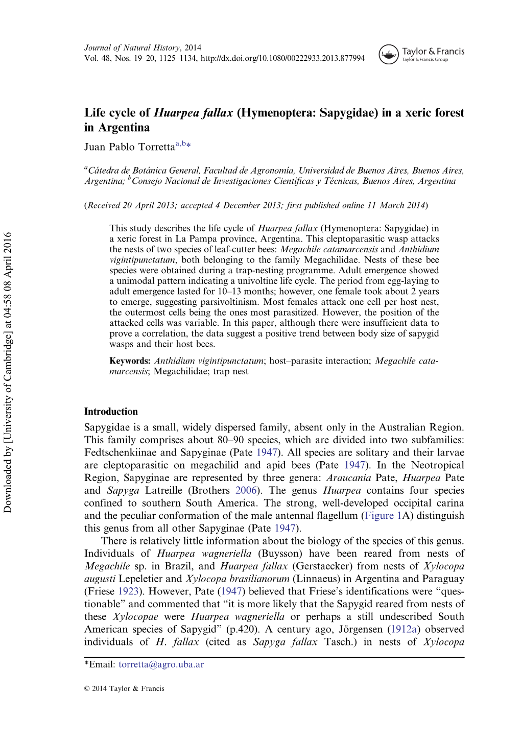 Hymenoptera: Sapygidae) in a Xeric Forest in Argentina Juan Pablo Torrettaa,B*