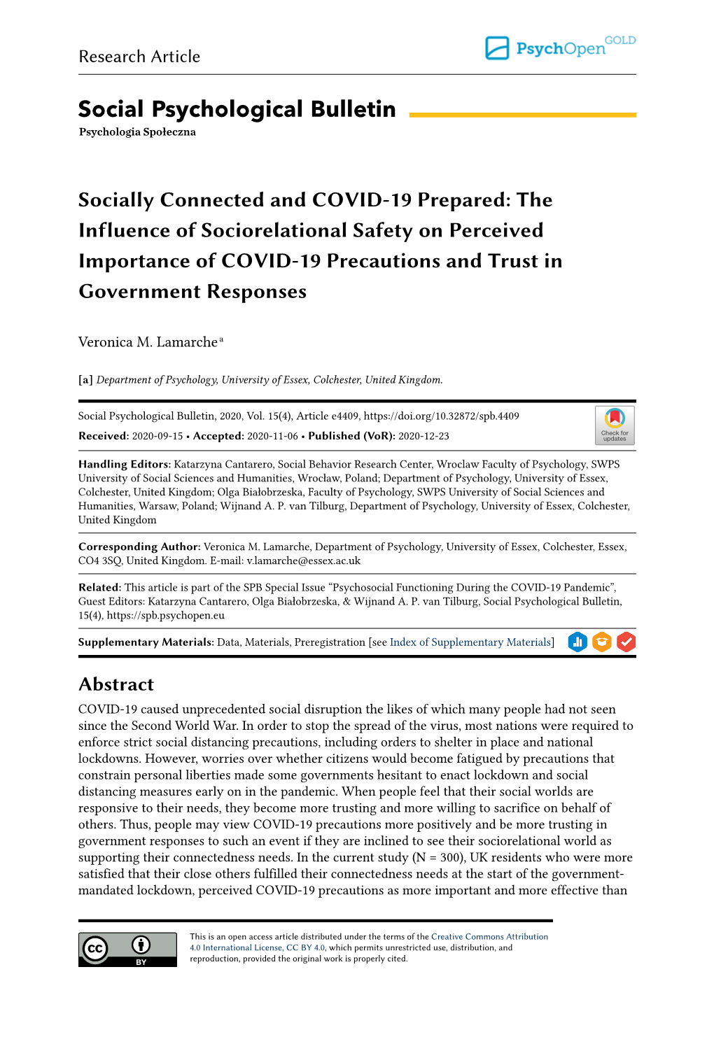 The Influence of Sociorelational Safety on Perceived Importance of COVID-19 Precautions and Trust in Government Responses