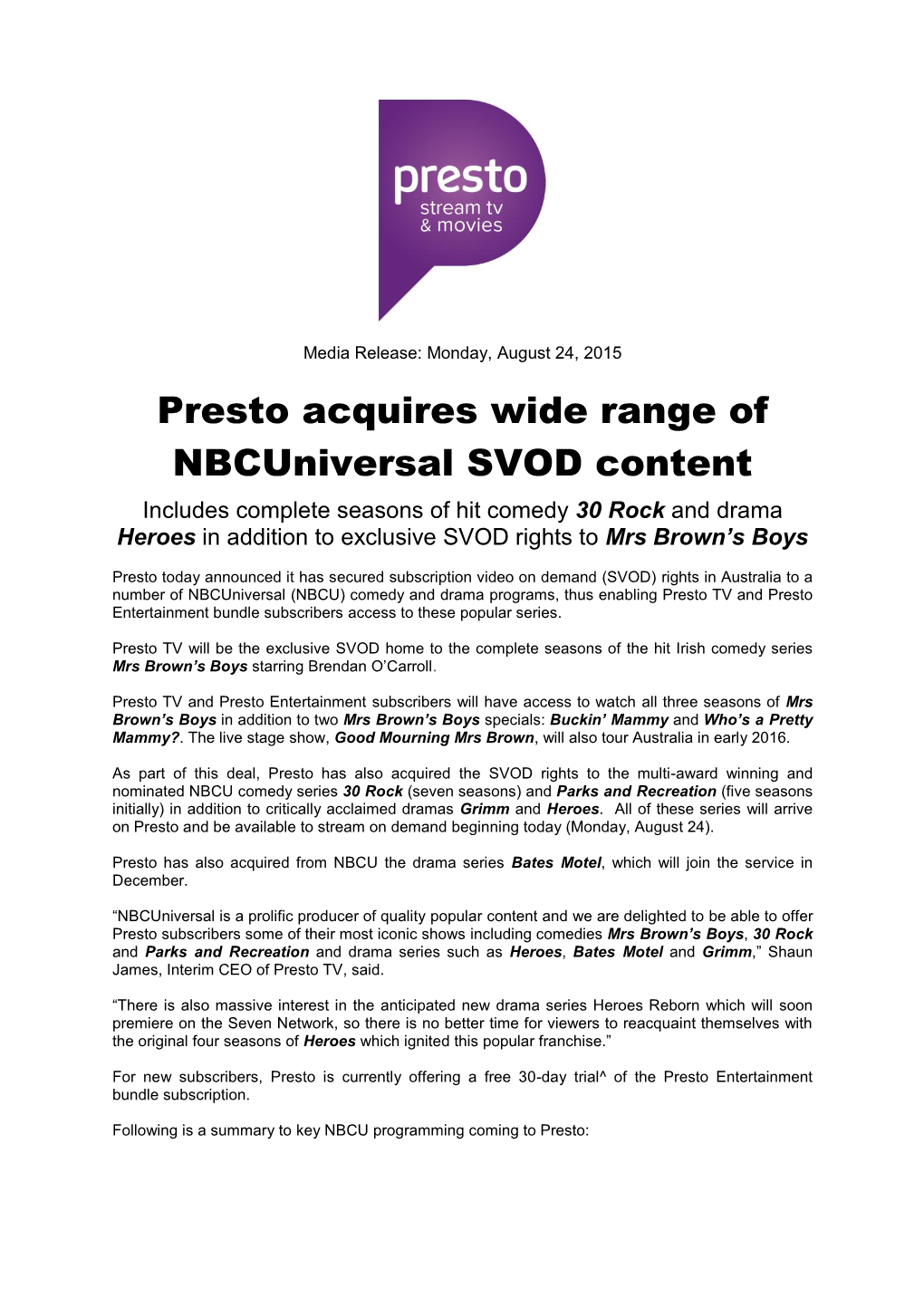 Presto Acquires Wide Range of Nbcuniversal SVOD Content