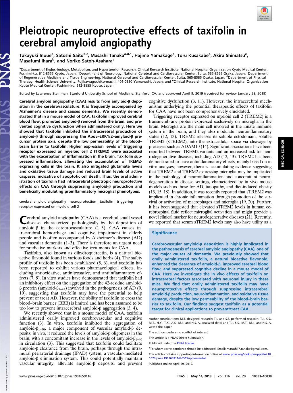 Pleiotropic Neuroprotective Effects of Taxifolin in Cerebral Amyloid Angiopathy