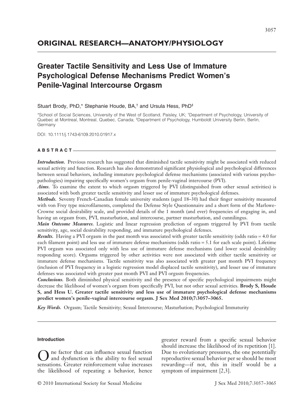 Greater Tactile Sensitivity and Less Use of Immature Psychological Defense Mechanisms Predict Women’S