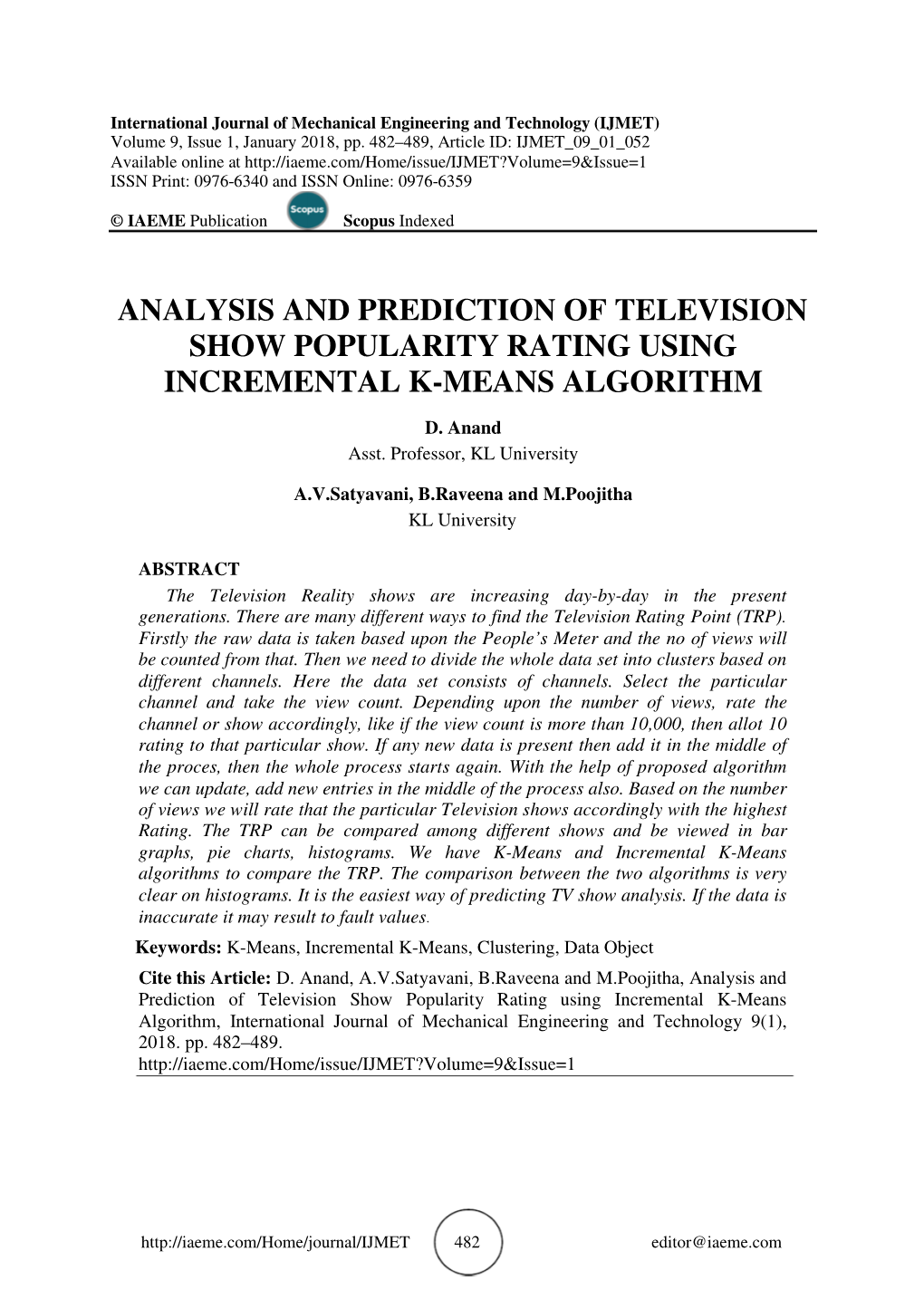 Analysis and Prediction of Television Show Popularity Rating Using Incremental K-Means Algorithm