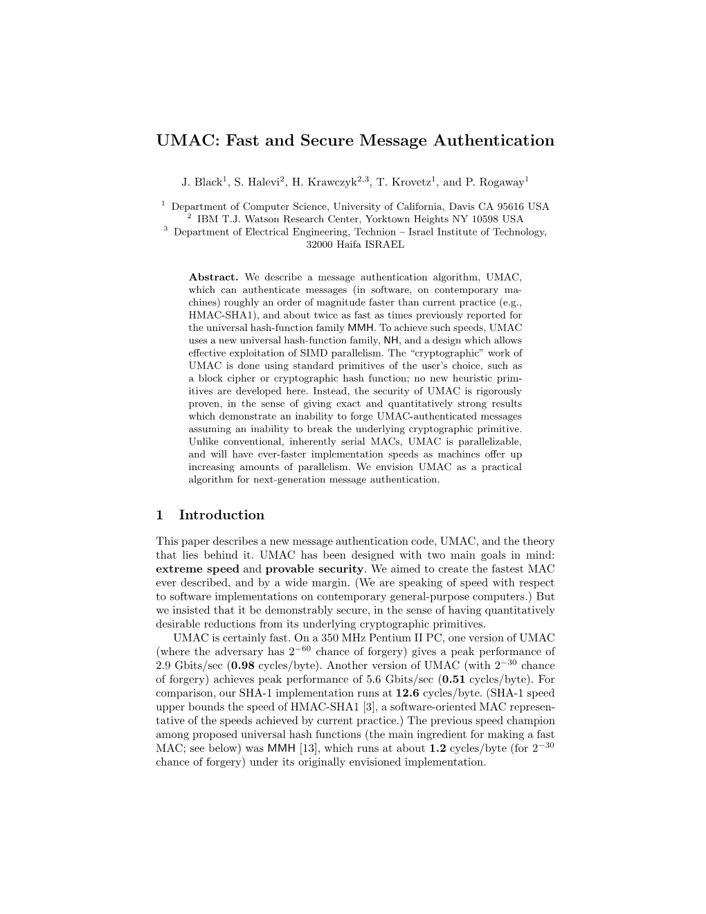 UMAC: Fast and Secure Message Authentication