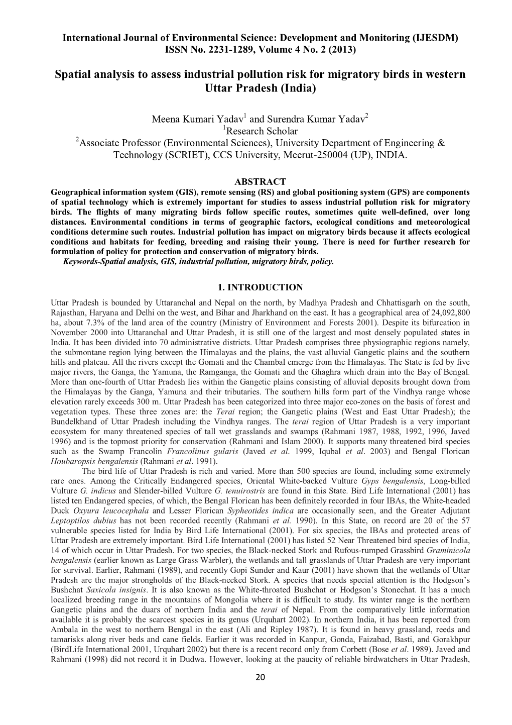 Spatial Analysis to Assess Industrial Pollution Risk for Migratory Birds in Western Uttar Pradesh (India)