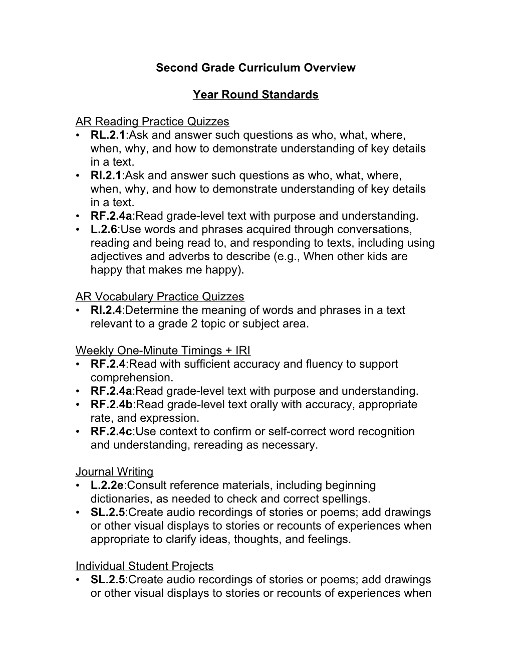 Second Grade Curriculum Overview