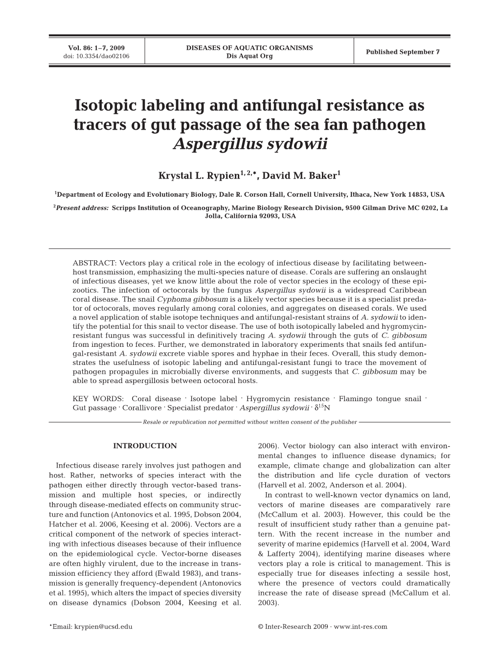 Isotopic Labeling and Antifungal Resistance As Tracers of Gut Passage of the Sea Fan Pathogen Aspergillus Sydowii