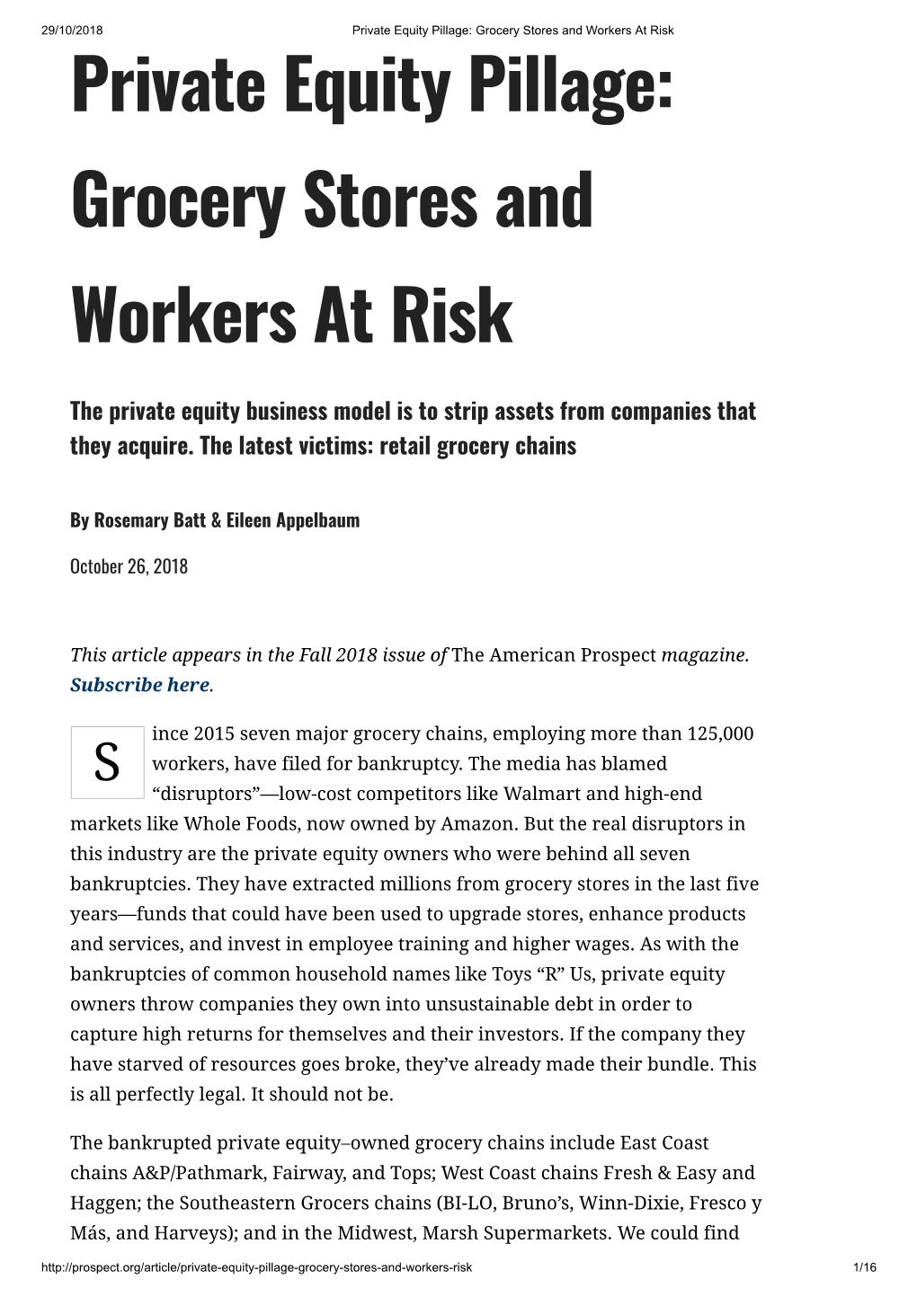 Private Equity Pillage: Grocery Stores and Workers at Risk Private Equity Pillage: Grocery Stores and Workers at Risk