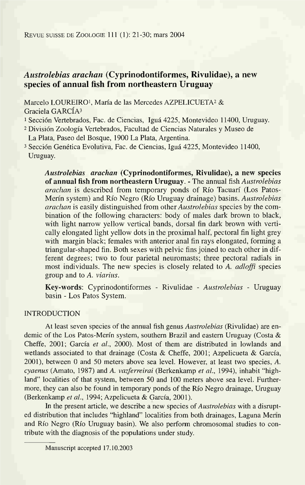 Cyprinodontiformes, Rivulidae), a New Species of Annual Fish from Northeastern Uruguay