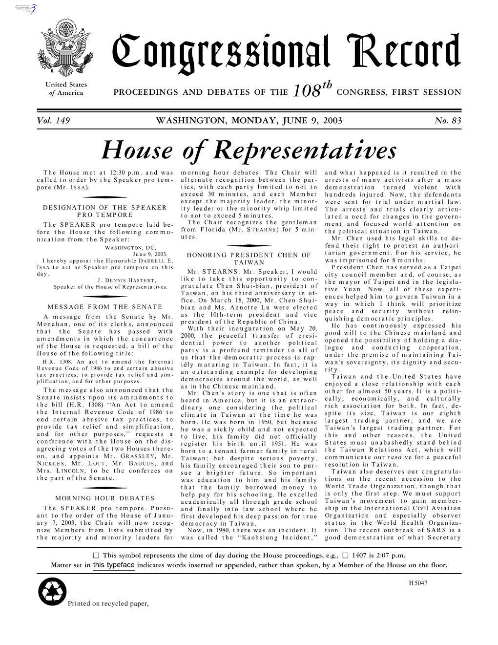 Congressional Record United States Th of America PROCEEDINGS and DEBATES of the 108 CONGRESS, FIRST SESSION