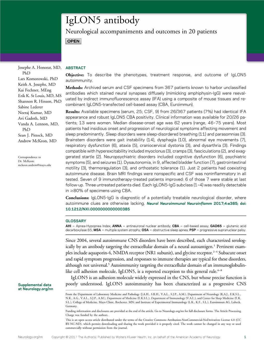 Iglon5 Antibody Neurological Accompaniments and Outcomes in 20 Patients