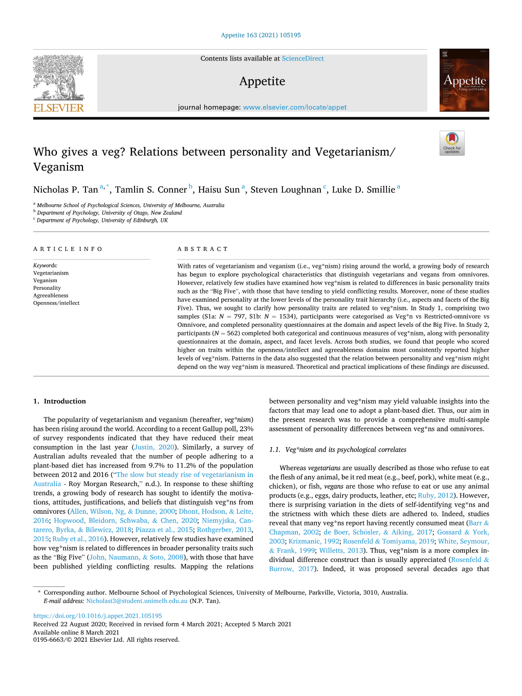 Relations Between Personality and Vegetarianism/Veganism