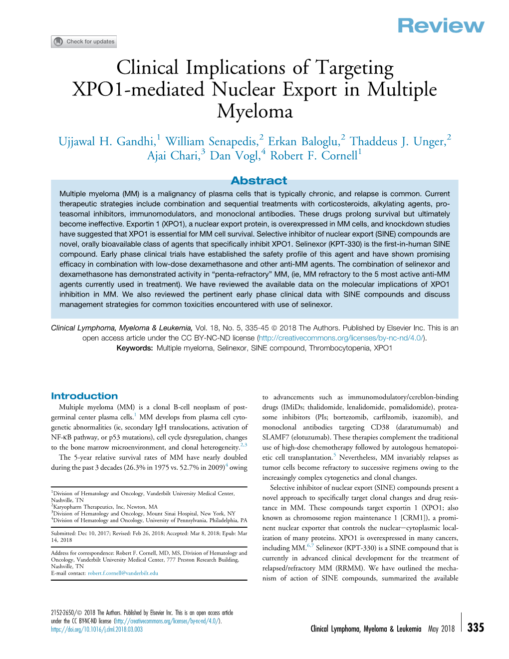 Clinical Implications of Targeting XPO1-Mediated Nuclear Export in Multiple Myeloma