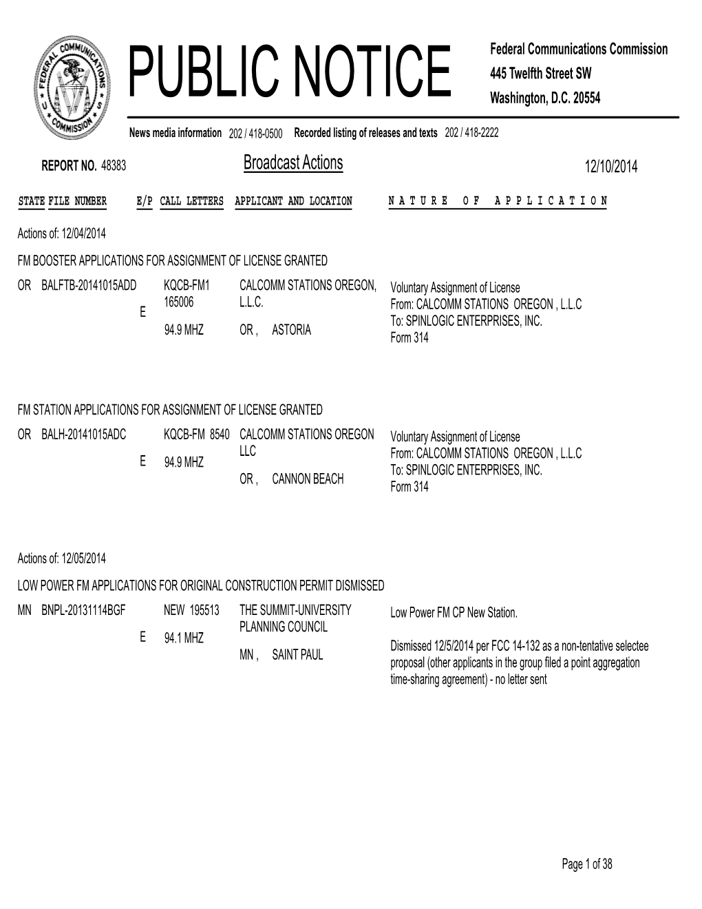 Broadcast Actions 12/10/2014