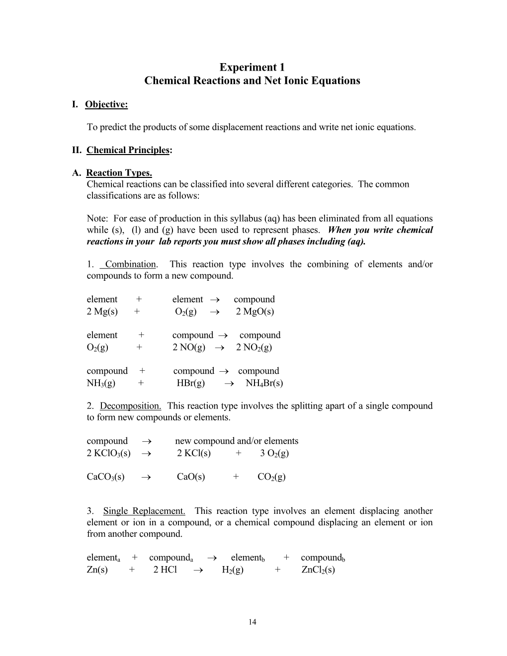 Experiment 1 Chemical Reactions and Net Ionic Equations