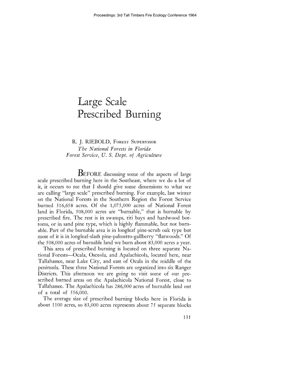 Large Scale Prescribed Burning, by R. J. Riebold , Pp