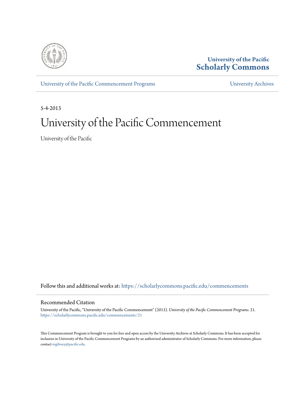 University of the Pacific Commencement Programs