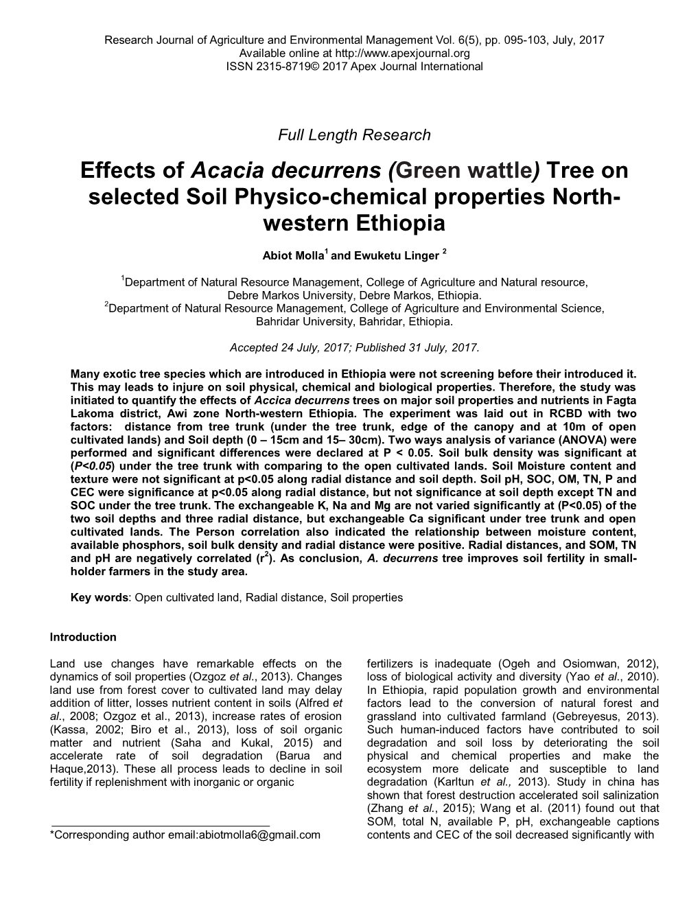 Effects of Acacia Decurrens (Green Wattle) Tree on Selected Soil Physico-Chemical Properties North- Western Ethiopia