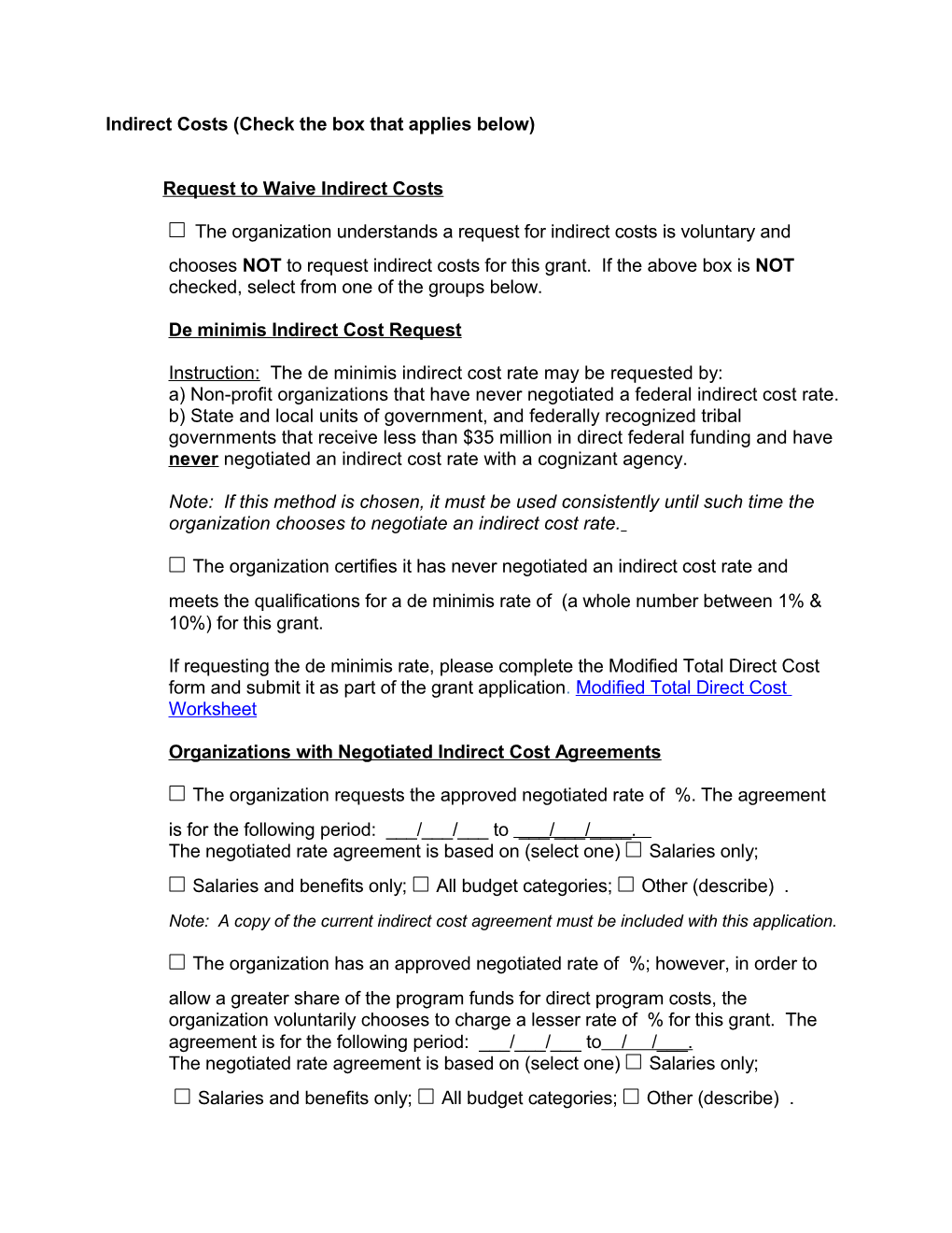 Indirect Costs (Check the Box That Applies Below)