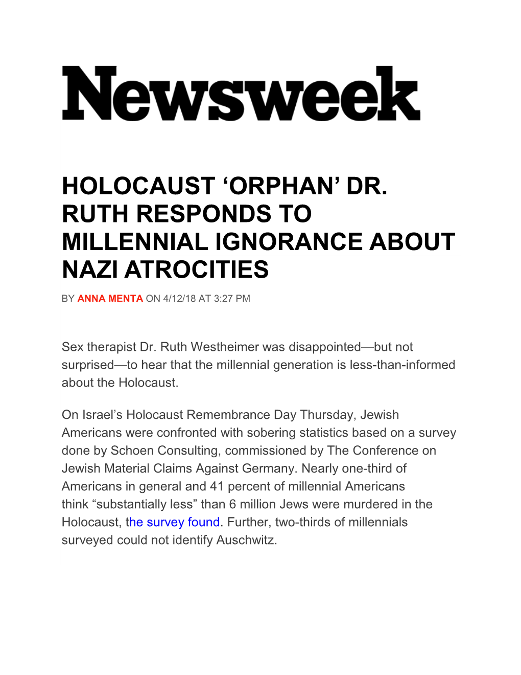 Holocaust 'Orphan' Dr. Ruth Responds to Millennial
